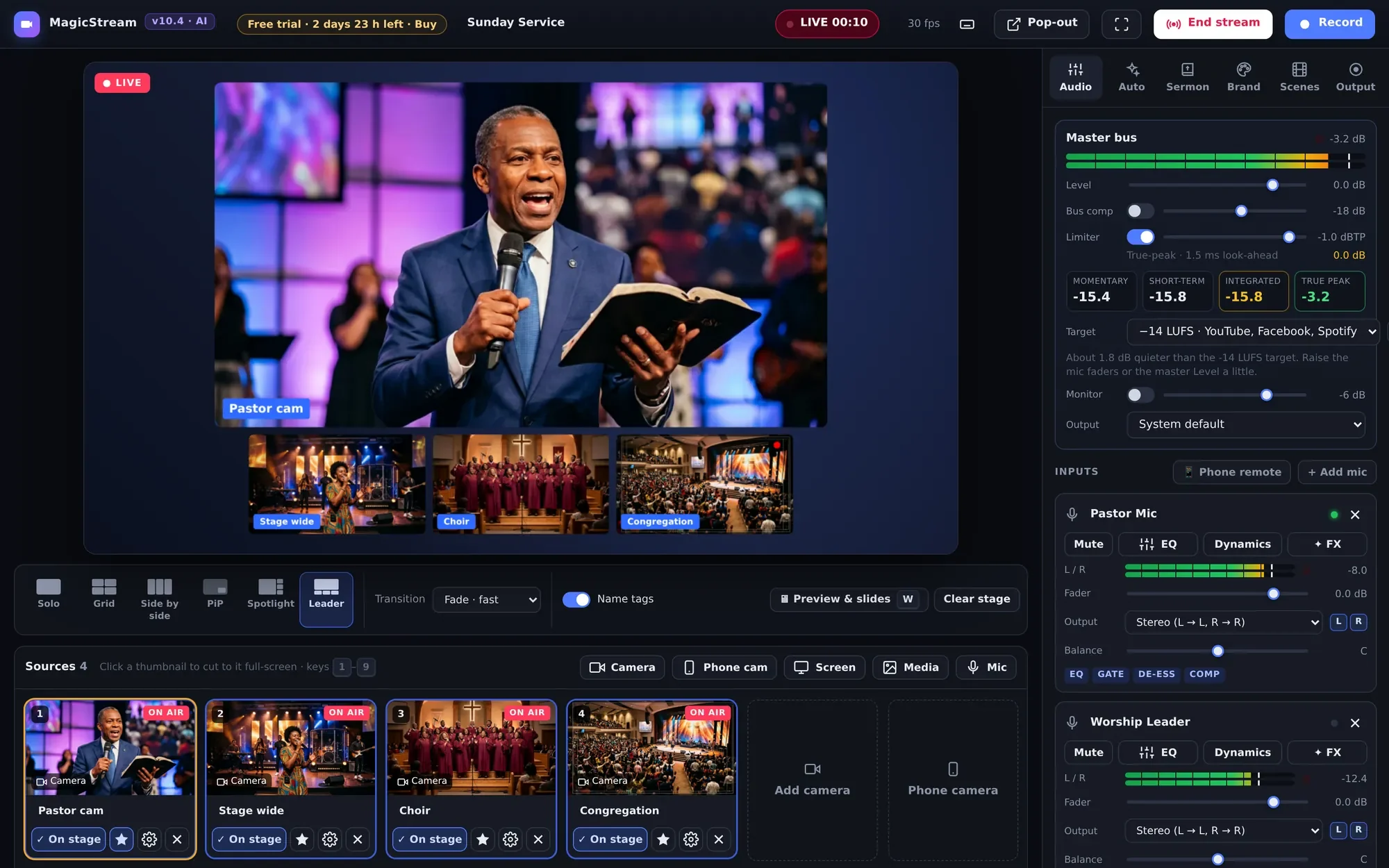 MagicStream live: four cameras in the leader layout, streaming to three platforms