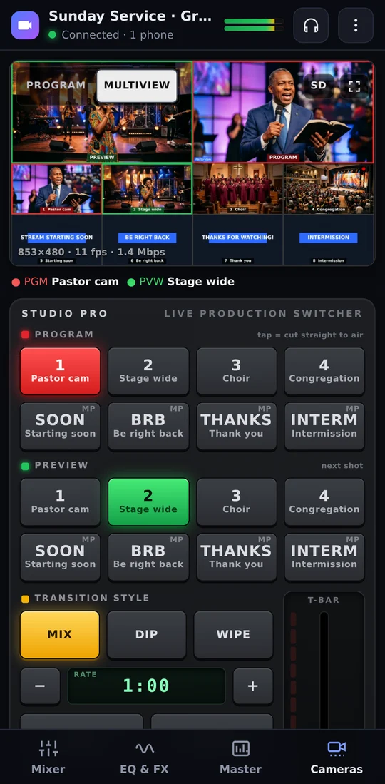 Phone camera switcher in the style of a Blackmagic ATEM, with a live multiview