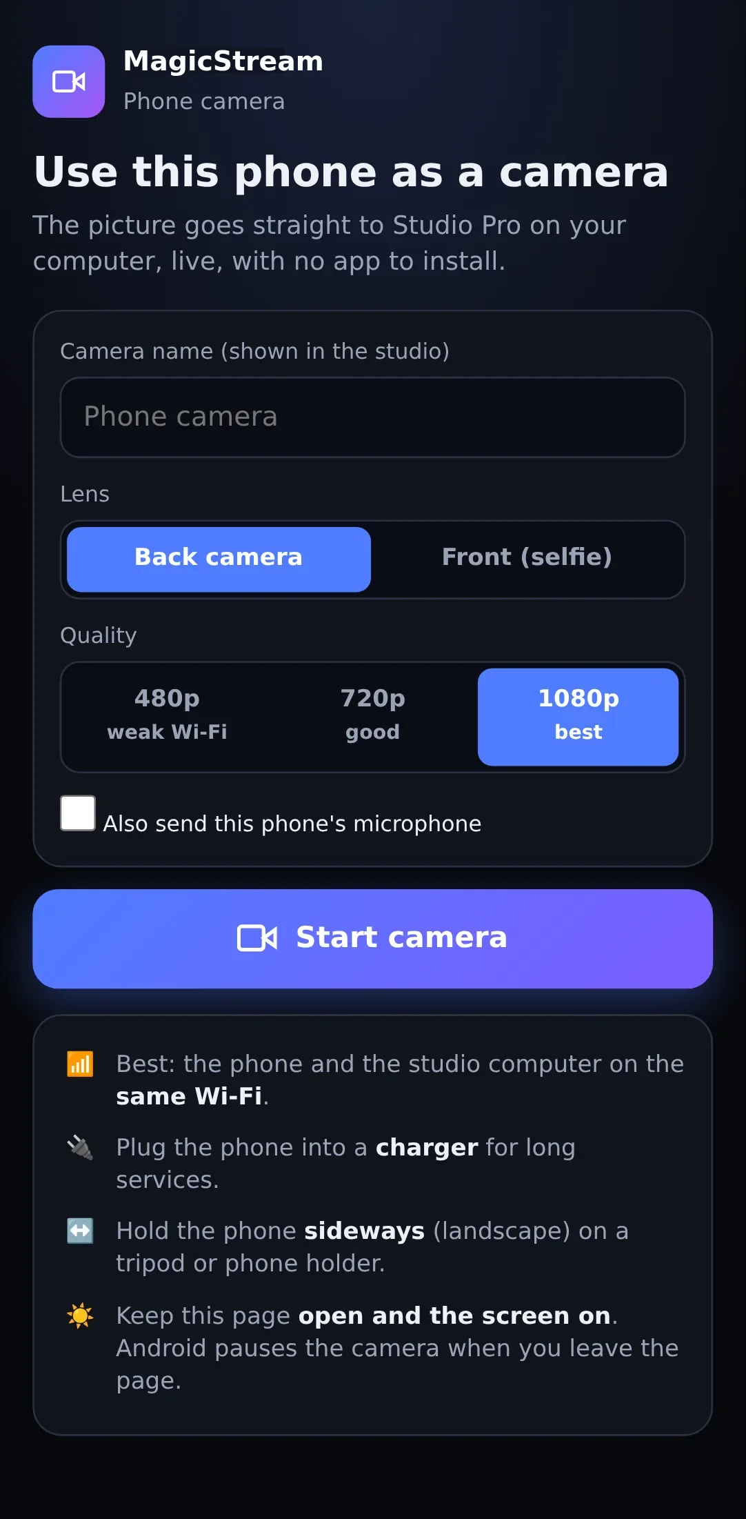 Phone camera page on Android