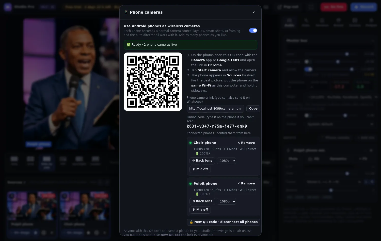 Phone cameras dialog with QR code and two connected phones
