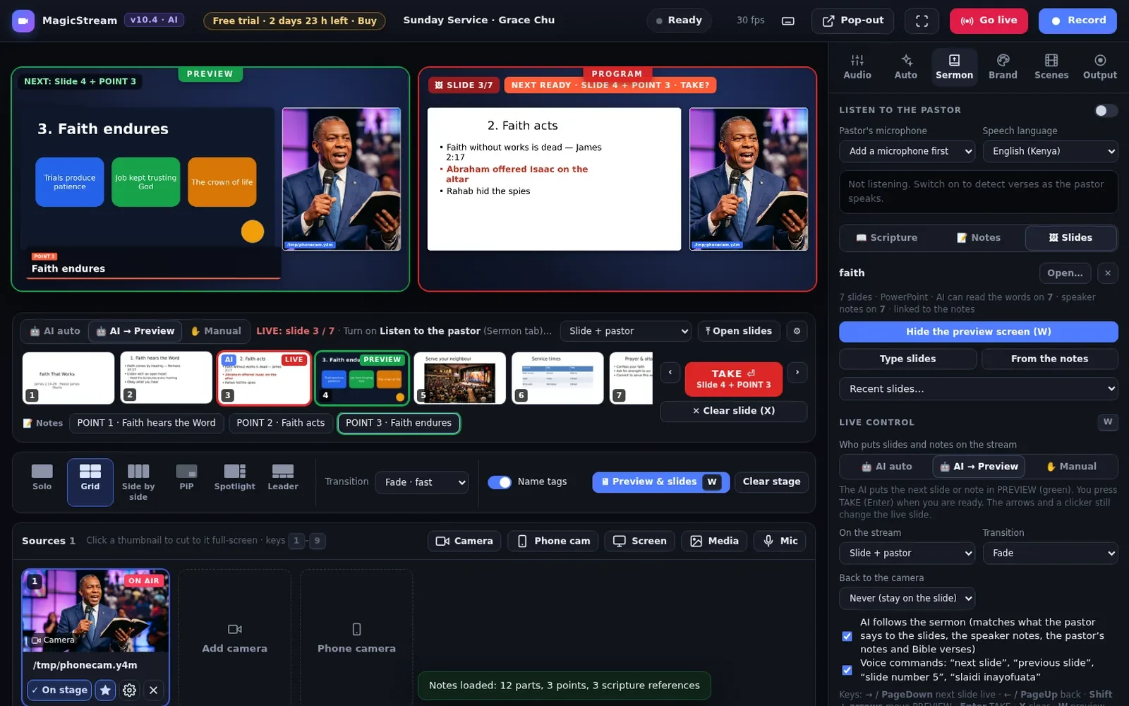 Preview and program screens with PowerPoint slides and pastor's notes
